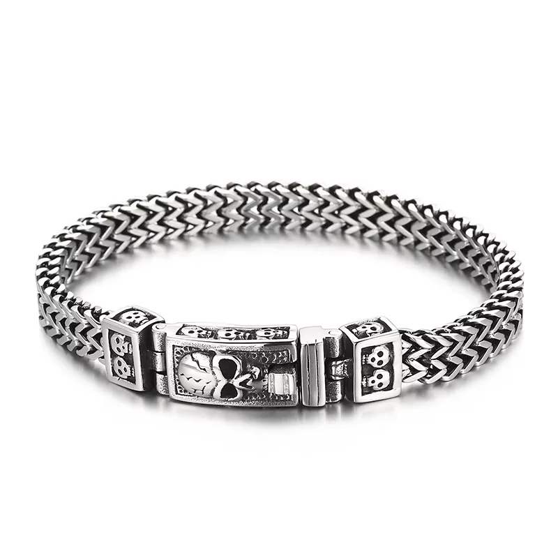 Fongten Men Skull 316L Stainless Steel Bracelet Hand Mesh Link Chain Skeleton Bracelets For Men Punk Bangle Jewelry Halloween