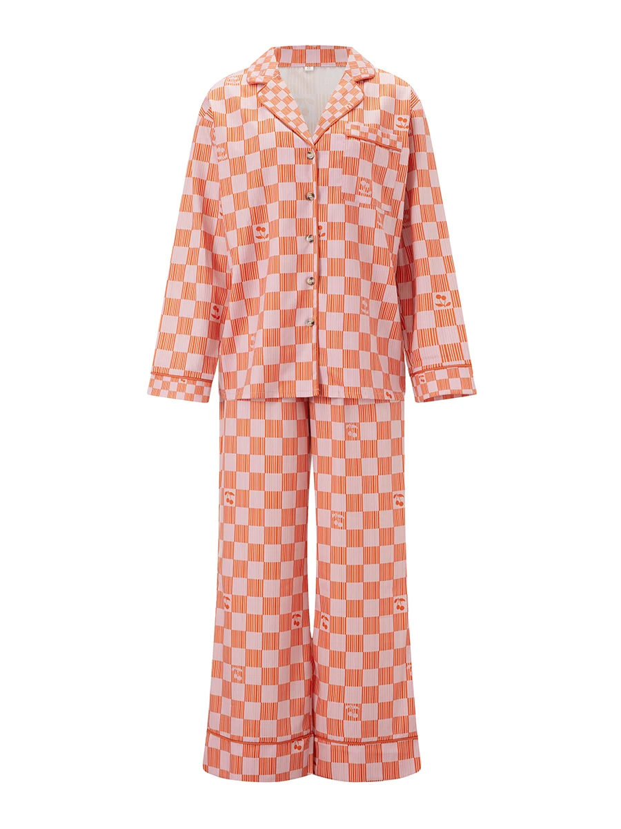 Women’s 2 Piece Pajama Set Long Sleeve Checkered Print Button Up Shirt Pants Set Sleepwear Loungewear