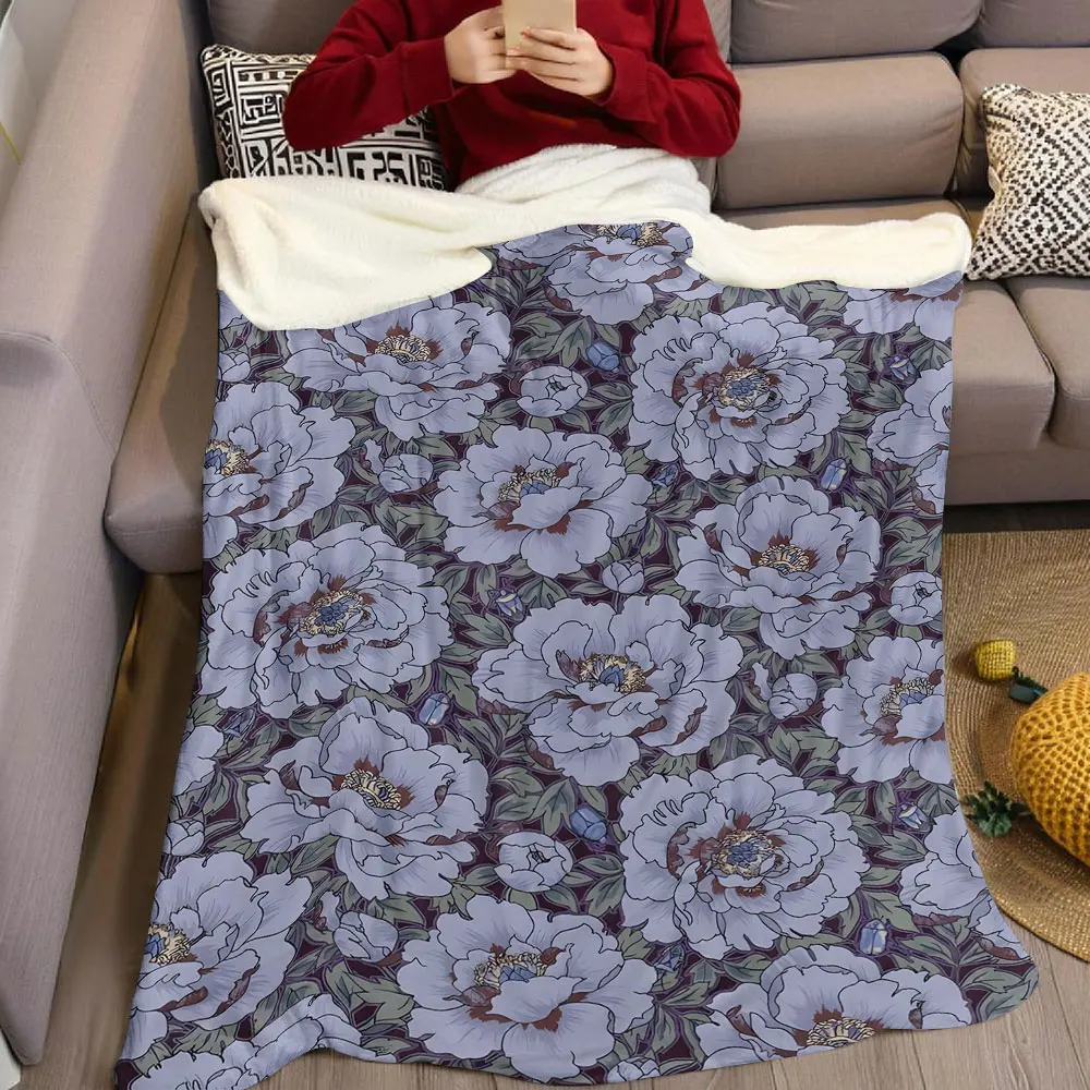 purple peony floral vintage Flannel Blanket Warm Soft Halloween Christmas Decorative Couch Warm Cozy All-Season Gift