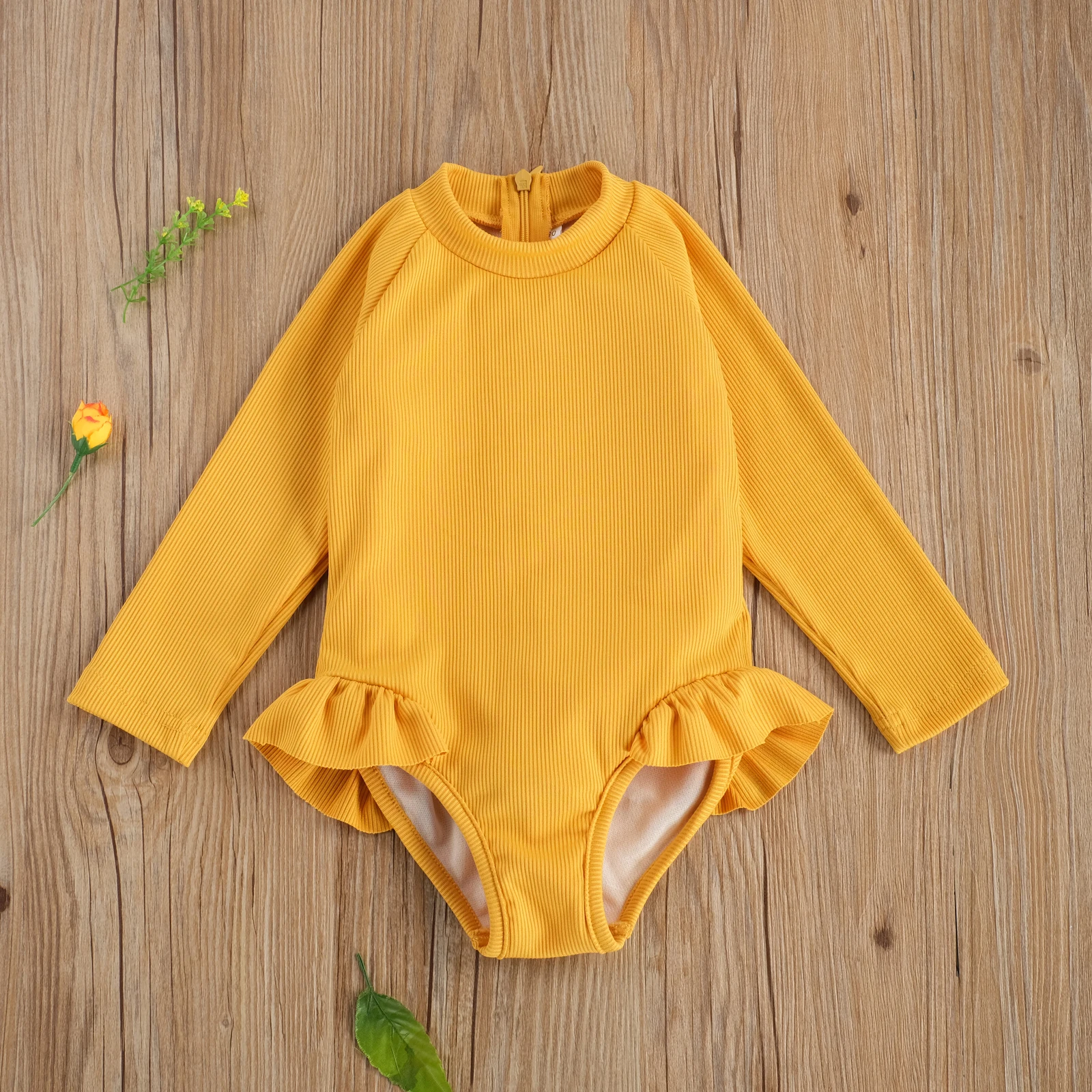 Tregren 1-5Y Kids Girls Swimsuit Ruffle Long Sleeve Knit Solid Color Swimwear Children Hot Spring Pool Bathing Suit Beachwear