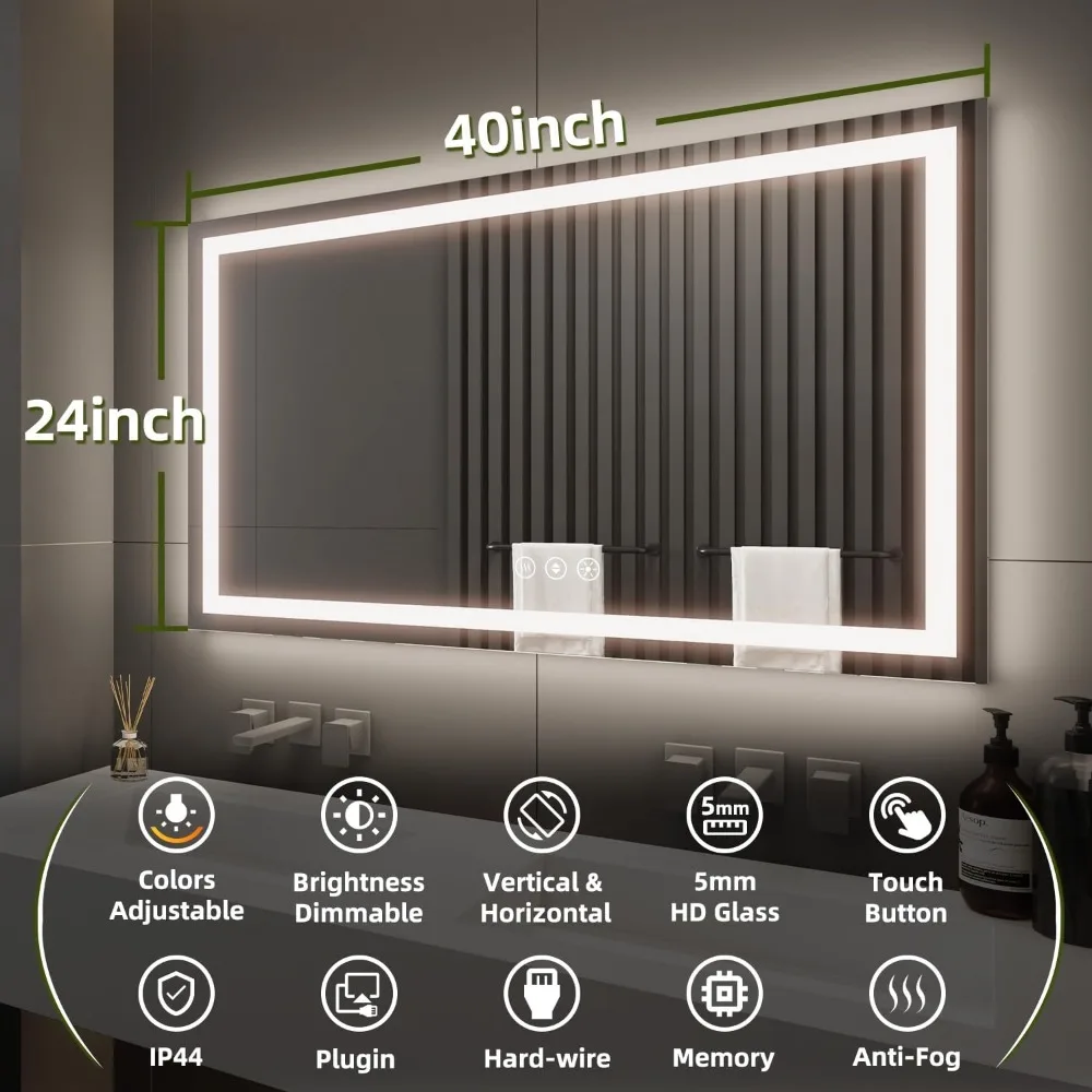 

LED Bathroom Mirror, Front and Backlight with Lights , Dimmable, Anti-Fog, Shatter Proof, 3 Colors, Memory Smart Mirror espejo