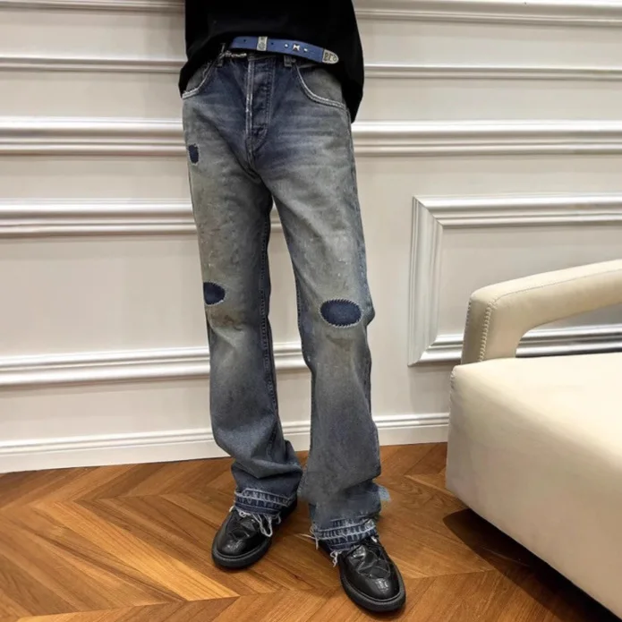 جينز جينز أمريكي أوروبي عصري من الاتحاد الأوروبي/الولايات المتحدة عالي الشارع قابل للغسل والمتعثرة من قماش الدنيم للرجال