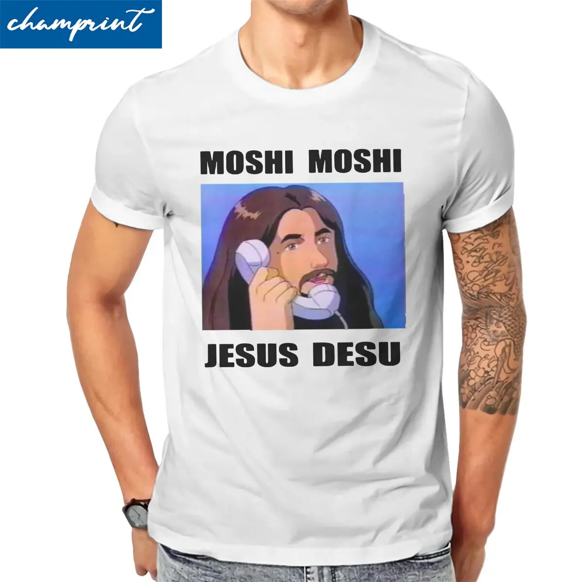 Moshi Moshi Jesus Desu Funny Meme Men's T Shirt Christian Religion Tees Short Sleeve T-Shirts 100% Cotton Plus Size Clothing