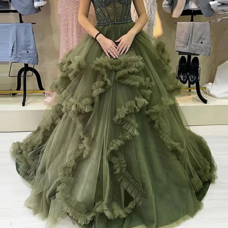 スパゲッティストラップ グリーン プロムドレス ラインストーン付き ボディス チュール ティアード フリル イブニングドレス Aライン フロアレングス パーティードレス