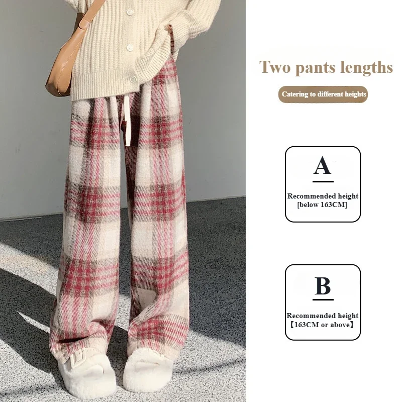 

Winter Women's Plaid Pants Warm Drag Floor Casual Cotton Pants Slouchy Straight Draped Padded Knitted Wide Leg Pants