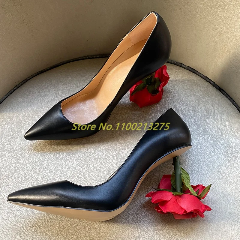 Flower Heel Women Pumps Black Red Shallow Slip On High Heel Sexy Pointed Toe Strange Style Leather Shoes Real Picture Dress Shoe