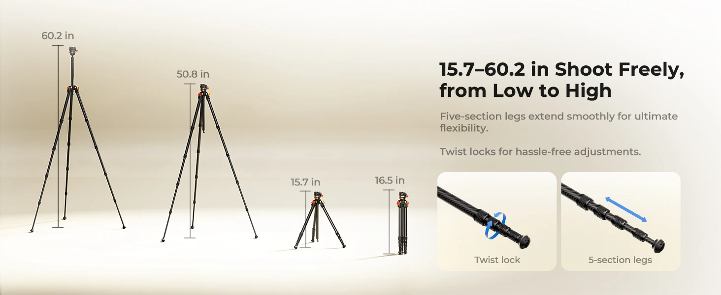 K&F CONCEPT 60 Zoll Carbon Stativ für Kamera DSLR Flexible Mittelachse 13.2lb Belastung Leichtes Reisestativ für Fotografie – Detail 4