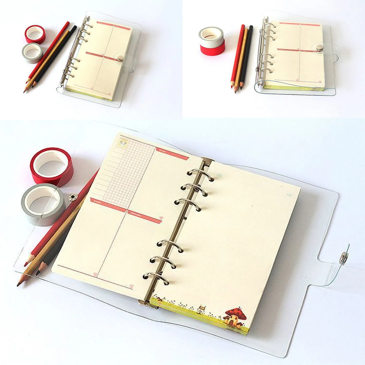 A5 Transparent Ring Binder 6 Round Ring Soft PVC Binder Loose Leaf Notebook Cover Folder Protector with Snap Button