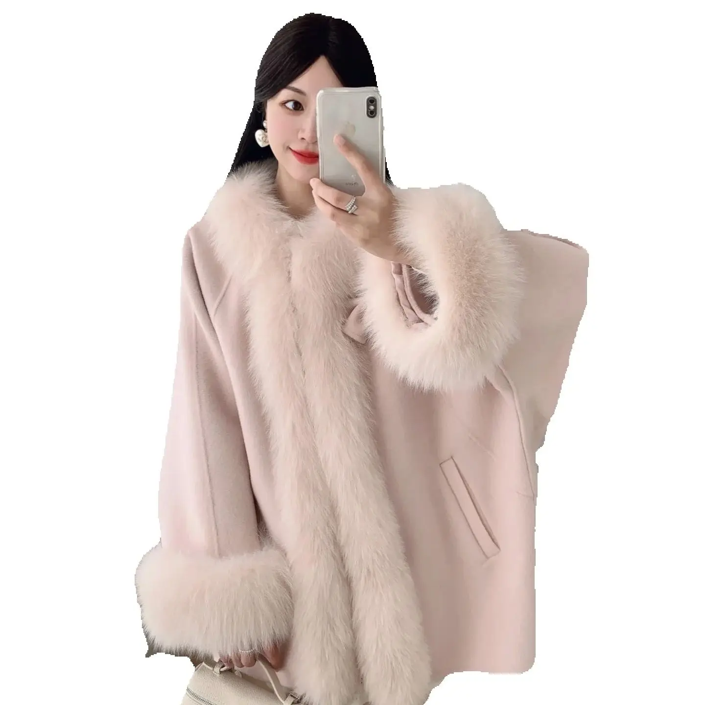 Antique girl's bow double-sided woolen fox fur cape for women, a niche design with a sweet style, fur and wool coat