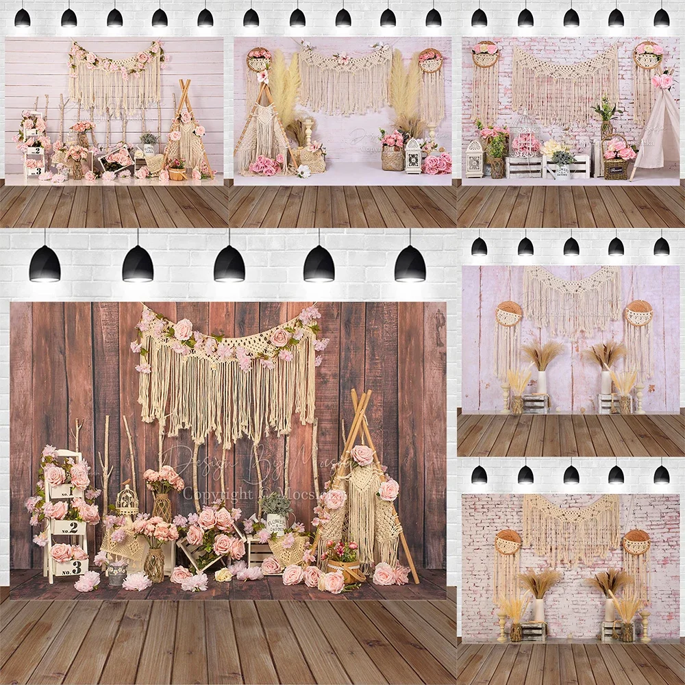 Mocsicka Sweet Bohemian Floral Girl Birthday Photography Background Flower Wood Wall Backdrop Newborn Portrait Studio Photobooth