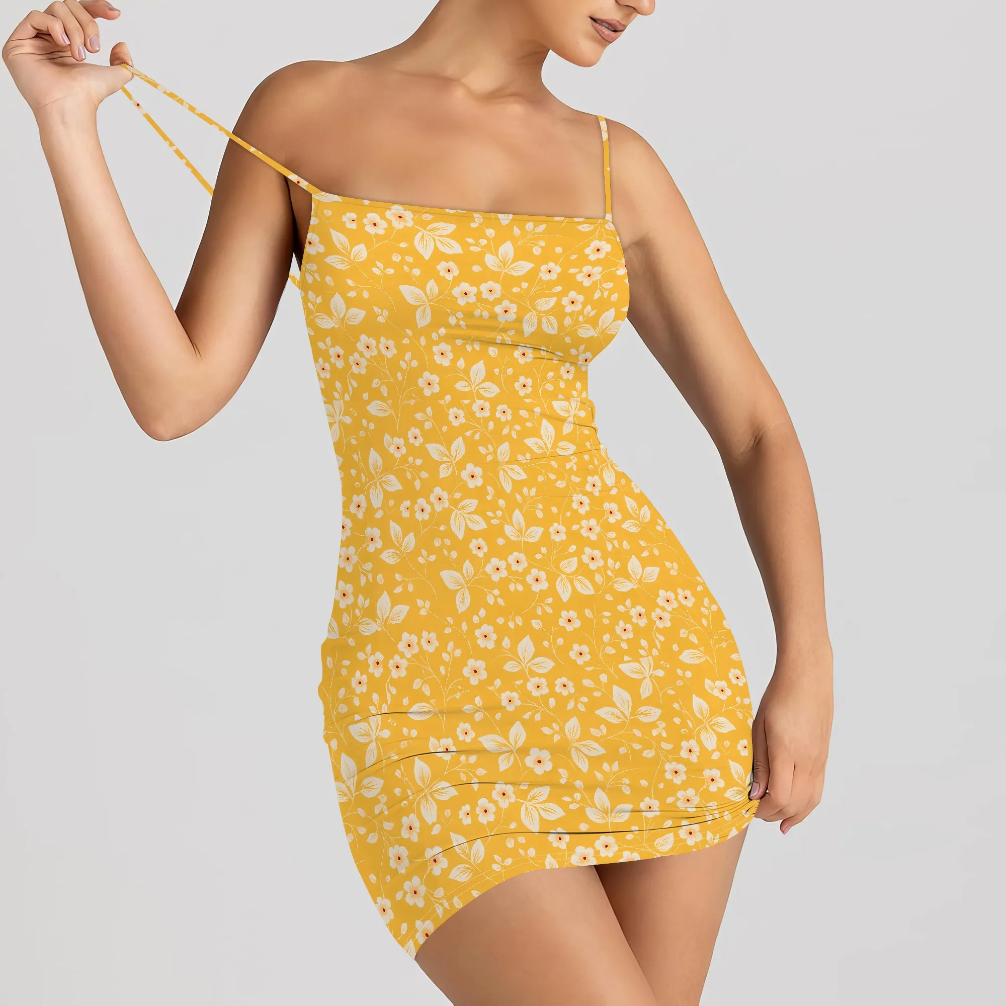 女性花柄ミニドレスボヘミアンスパゲッティストラップノースリーブボディコン A ラインドレスショートキャミスイングドレス