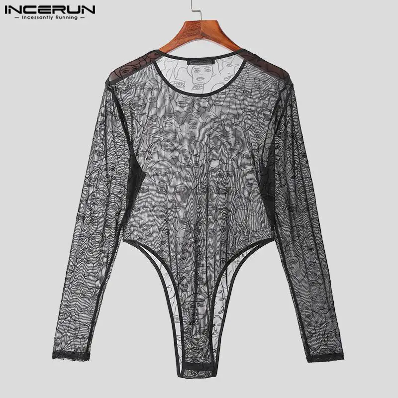 INCERUN 2023 Sexy New Mens Bodysuits Stylish See-through Jacquard Abstract Face Rompers Leisure Thin Long Sleeve Jumpsuits S-3XL