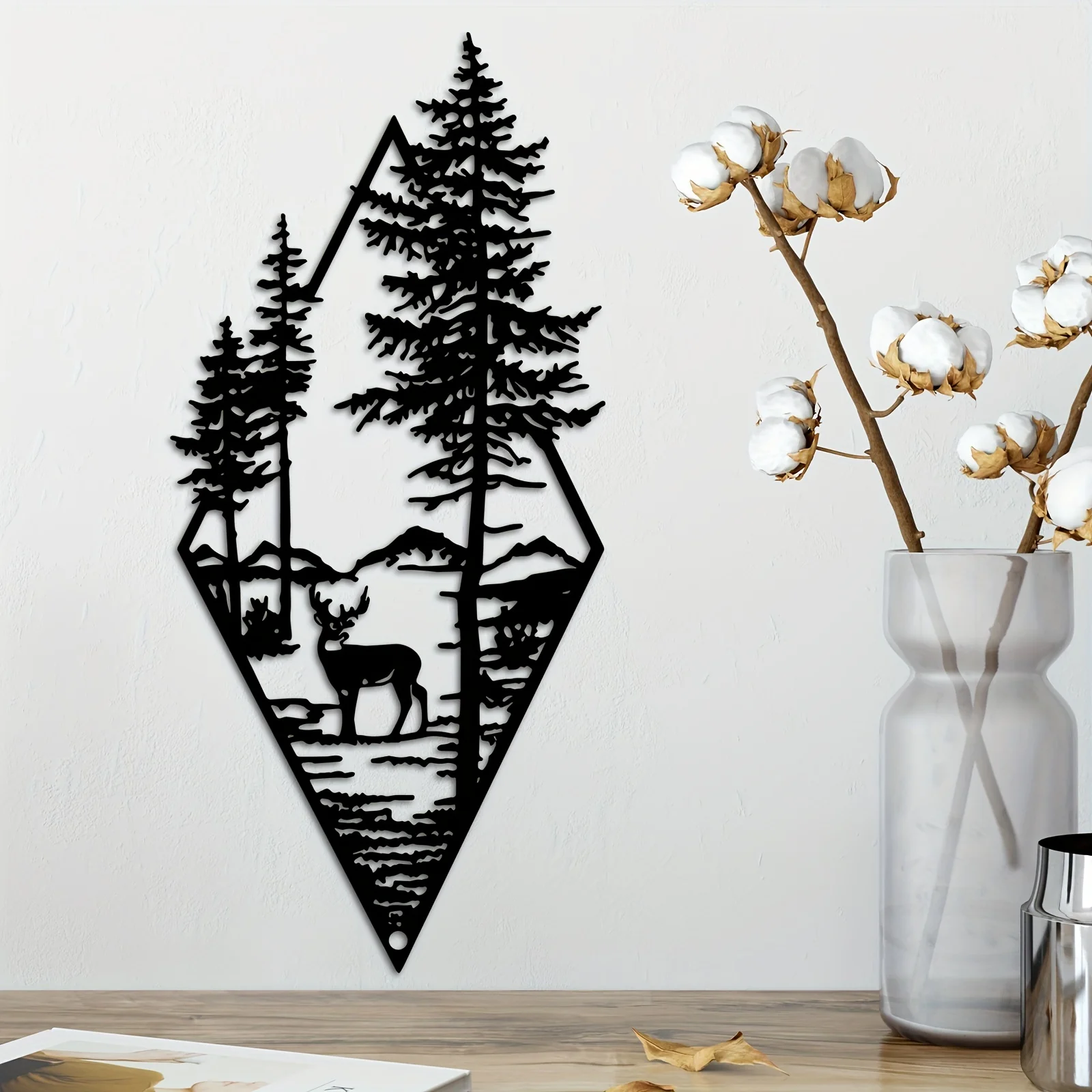 غزال ومشهد زخارف فنية جدارية معدنية ، فن جدران مناظر طبيعية ، ديكور منزلي