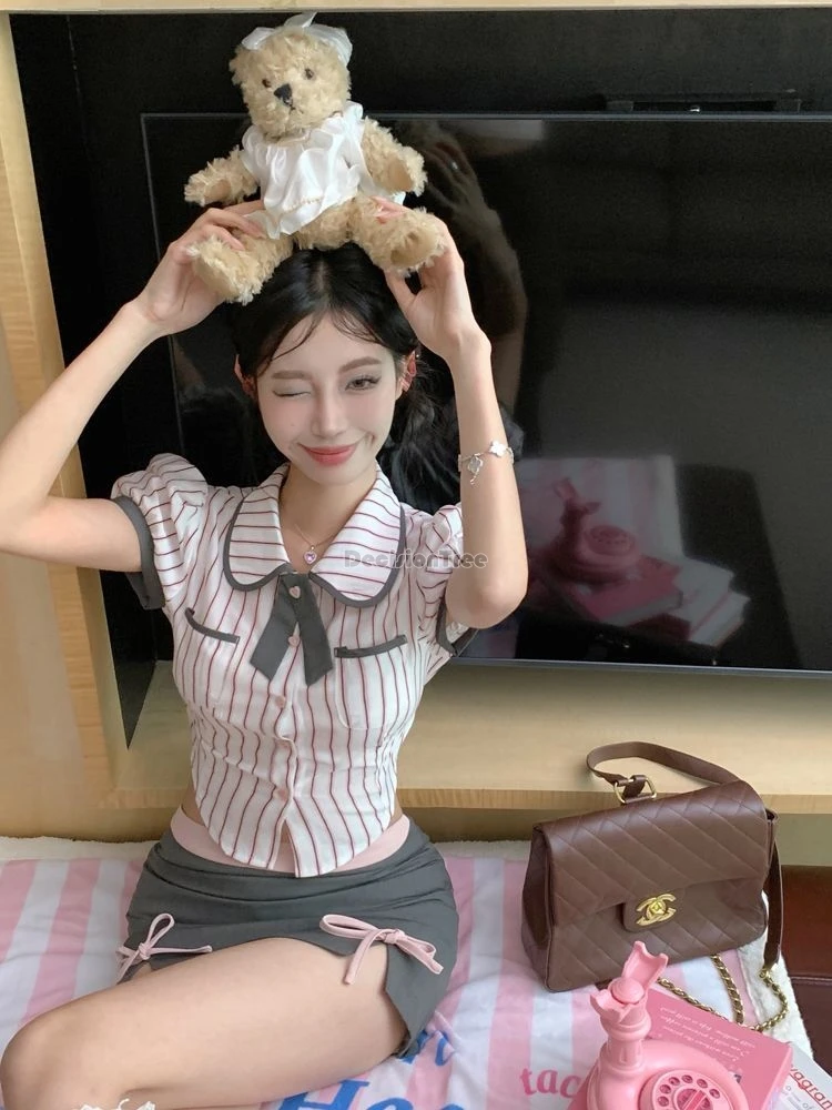 2025 neue koreanische stil sommer frauen gestreiften kurzarm hemd abnehmen halb rock zwei stück täglichen retro mode jk uniform set
