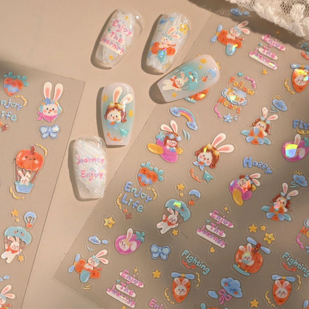 

Cute Rabbit Pilot Cartoon Carrot Pumpkin Eggplant Plane Rainbow Shiny 3D Self Adhesive Nail Art Stickers Bunny Manicure Decals