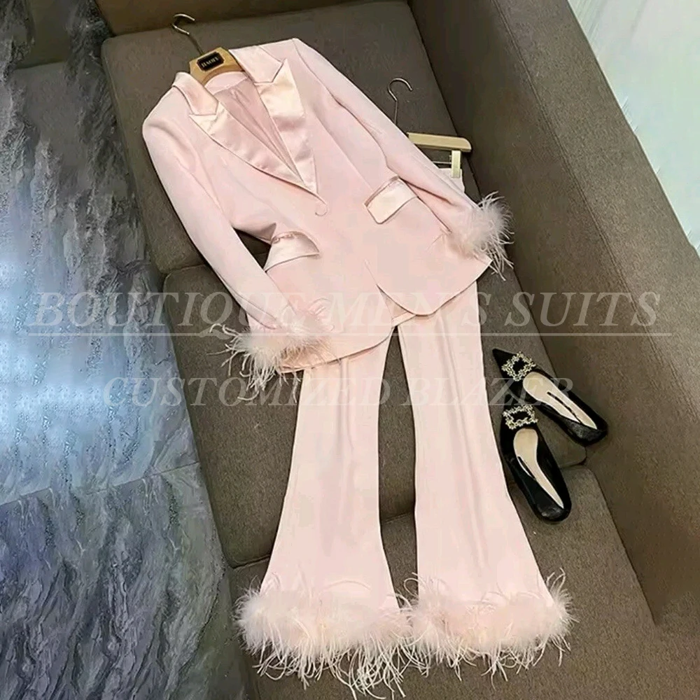 

Luxury Pink Evening Women's Suits Feathers One-Button Satin Peak Lapel Blazer Formal Prom Party Female Clothing Outwear