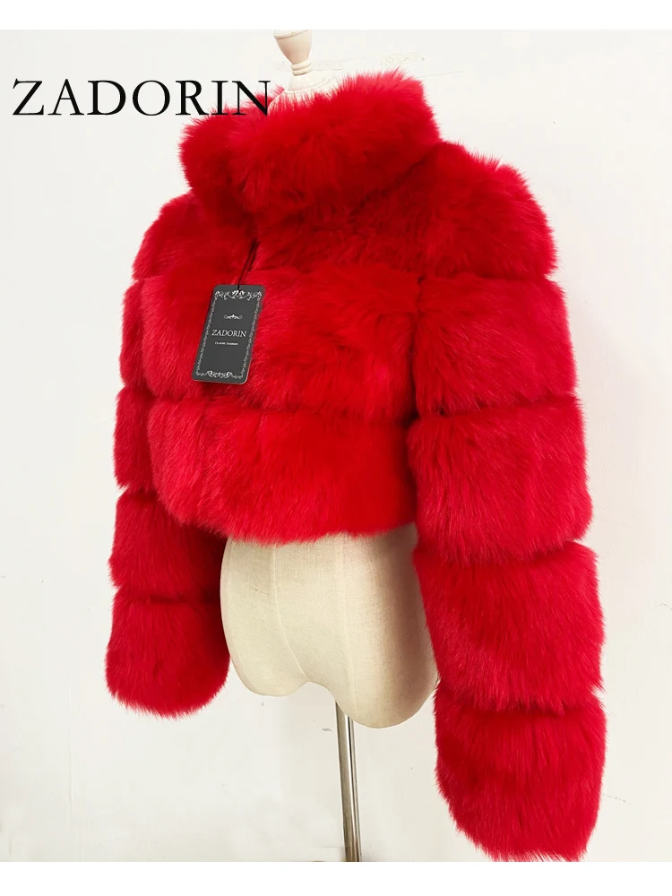 ZADORIN Women Fashion Cropped Faux Fur Coat Warm Stand Fur Collar Slim Fluffy Fur Jacket Women Winter Fur Coats Streetwear