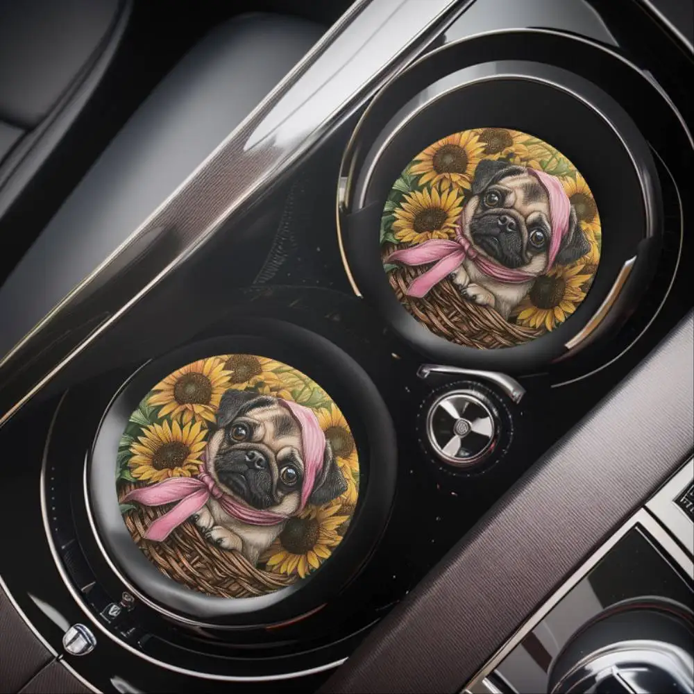 Pug And Flower Basket Pattern Car Cup Holder Coasters Set Of 2 Non-Slip Rubber Drink Mats For Car Interiors