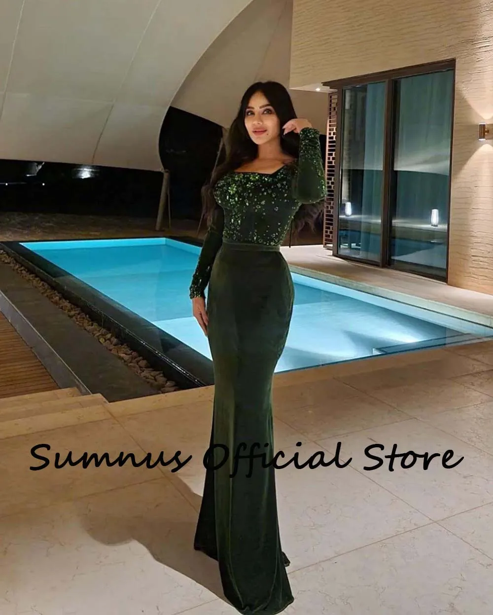 Sumnus verde sereia vestidos de noite lantejoulas veludo manga longa quadrado pescoço árabe dubai formal até o chão