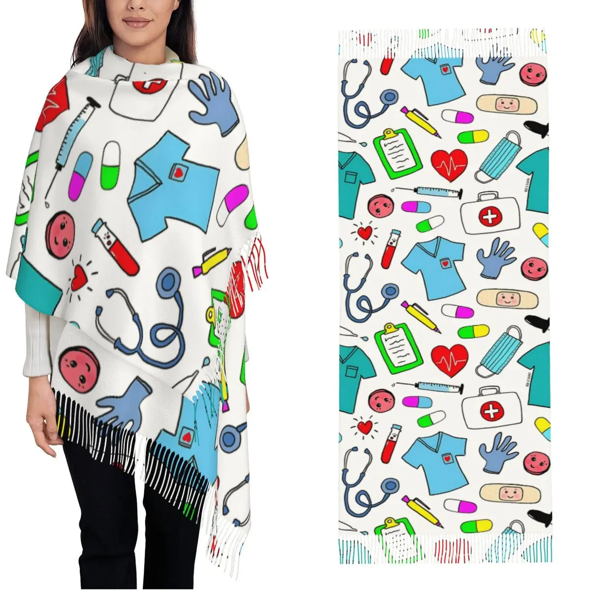 

Warm Soft Scarf Autumn Cute Doctor Nurse Medical Supplies Pattern Shawl Wrap Custom Bufanda Female Vintage Headwear Scarves