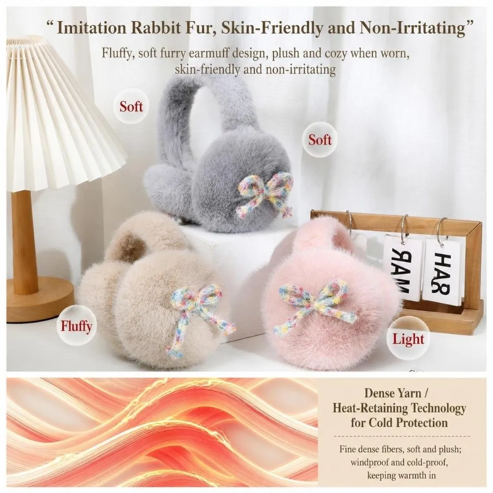 Sweet Imitation Mink Fur Earmuffs Lovely Bow Decor Soft Thermal Ear Muffs Fluffy Portable Foldable Earmuffs Cold Weather Wear