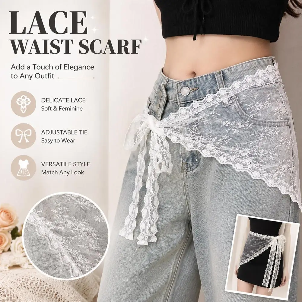 Lace Floral Triangle Scarf Wrap Belt See Through Mesh Waist Sash Vintage Thin Hair Bandanas Y2K Kerchief Women Accessories