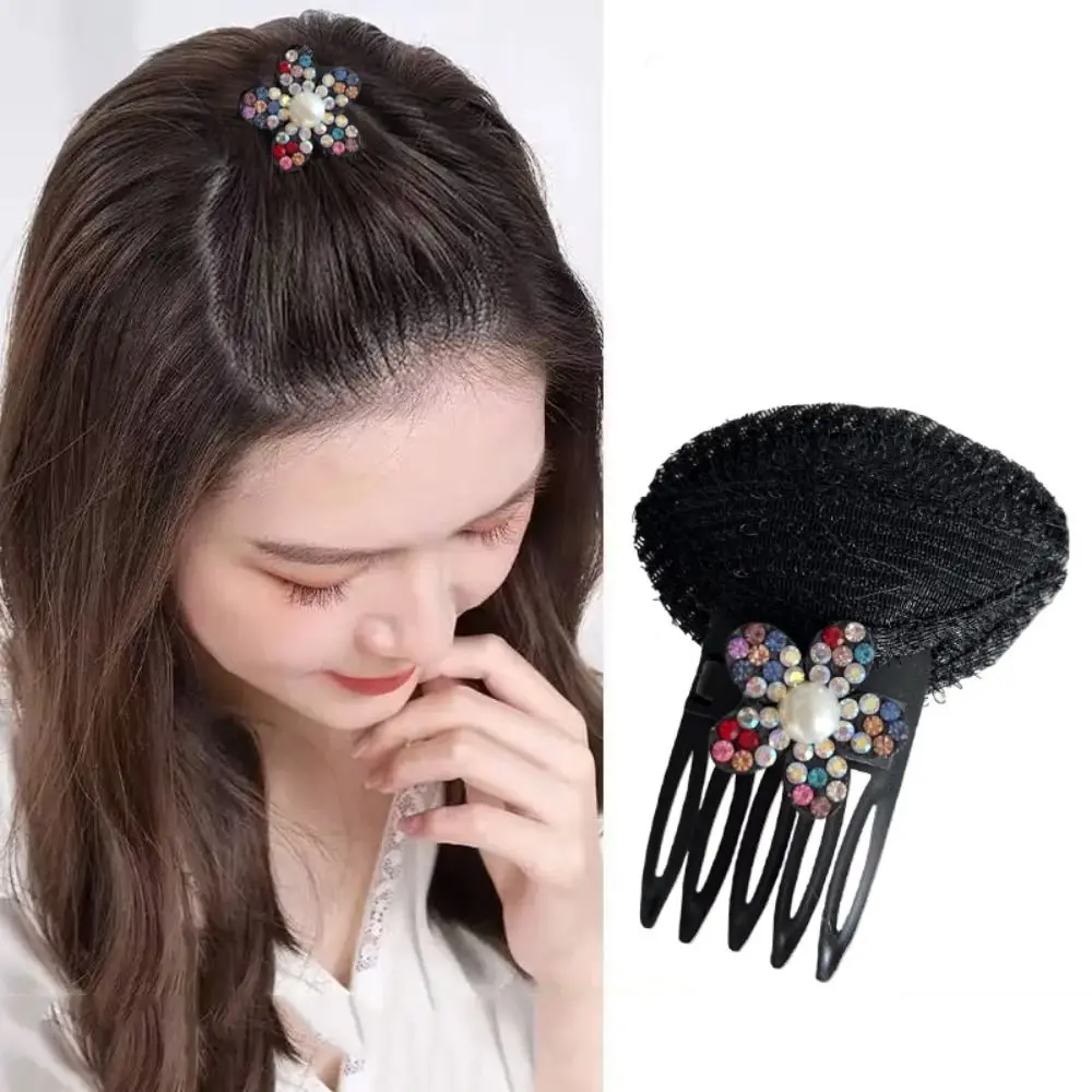 

Shiny Rhinestone Puff Hair Head Cushion Pearl Flower Invisible Volume Hair Clip Braid Invisible Fluffy Sponge Clip Daily