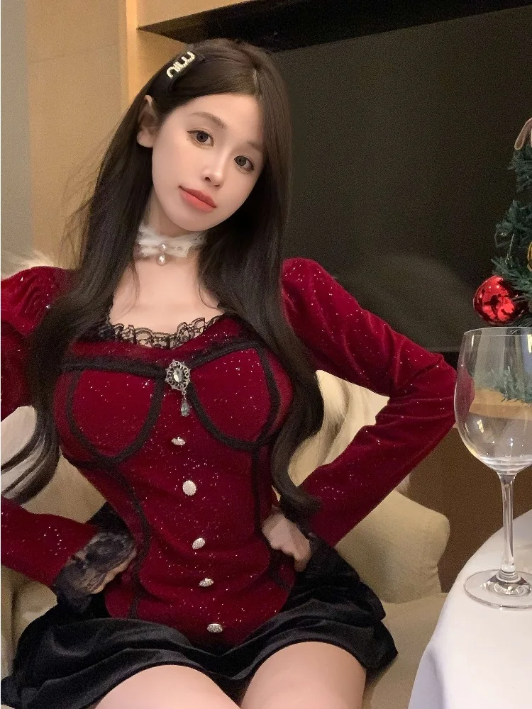 

Elegant Christmas Velvet Red Shiny Women's Top Autumn Winter Sweet Square Collar Base Shirt Short Skirt Two Piece Set