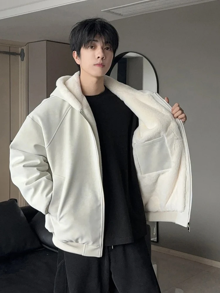 

Мужская зимняя куртка Warmth в американском стиле из искусственной кожи с подкладкой из овчины, с капюшоном, на флисовой подкладке, с интегрированным мехом и хлопковым утеплителем