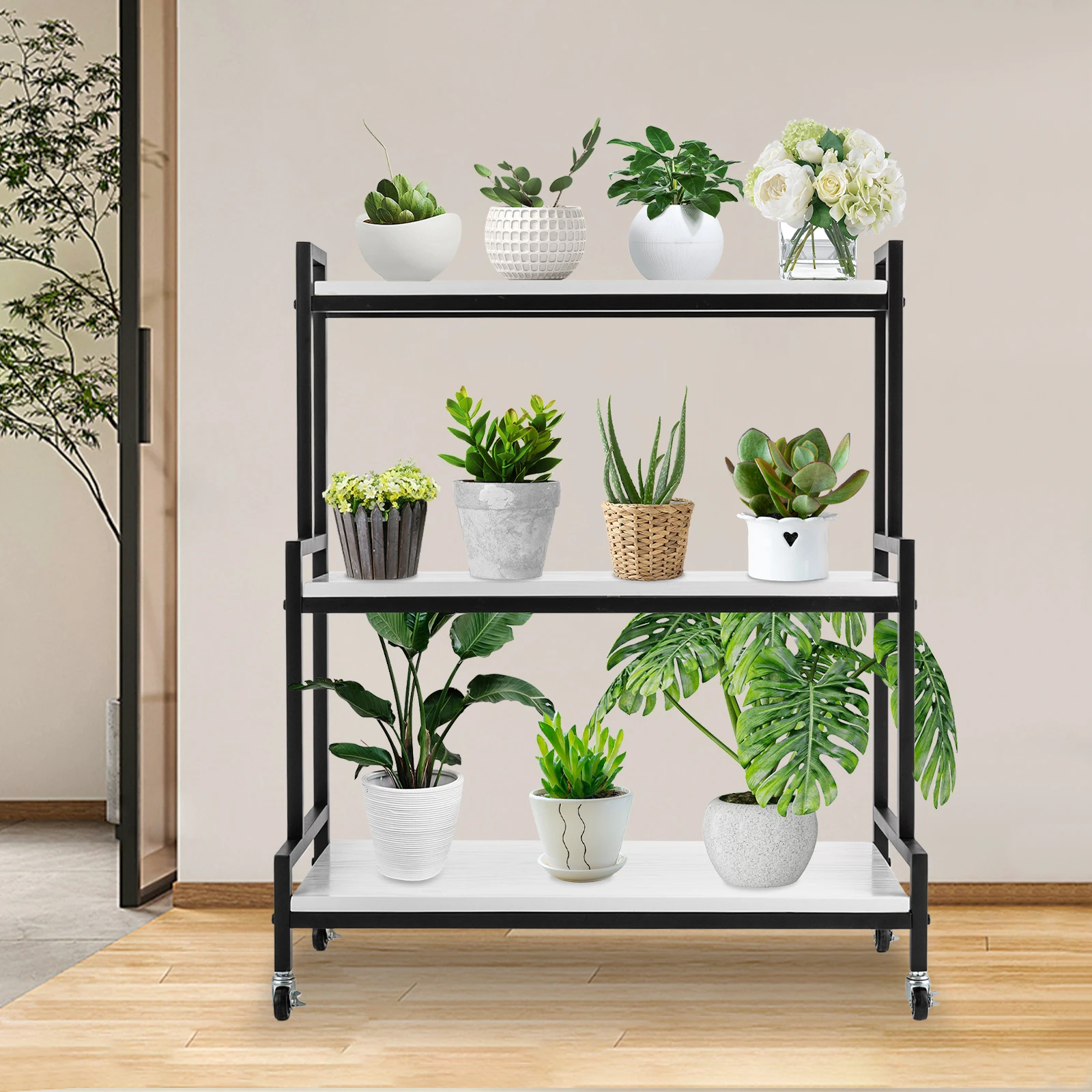 3 Tier Plant Stand with Wheels, Rolling Plant Shelves Rack Indoor Outdoor,Metal Ladder Shape Plant Flower Shelf for Garden