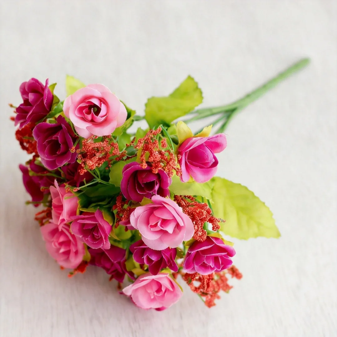 Mini Rose Buds Decorative Fake Flower Bunch 21-Head Rose Bouquets Realistic 7-Stem Rose Decoration For Event Decoration Gift