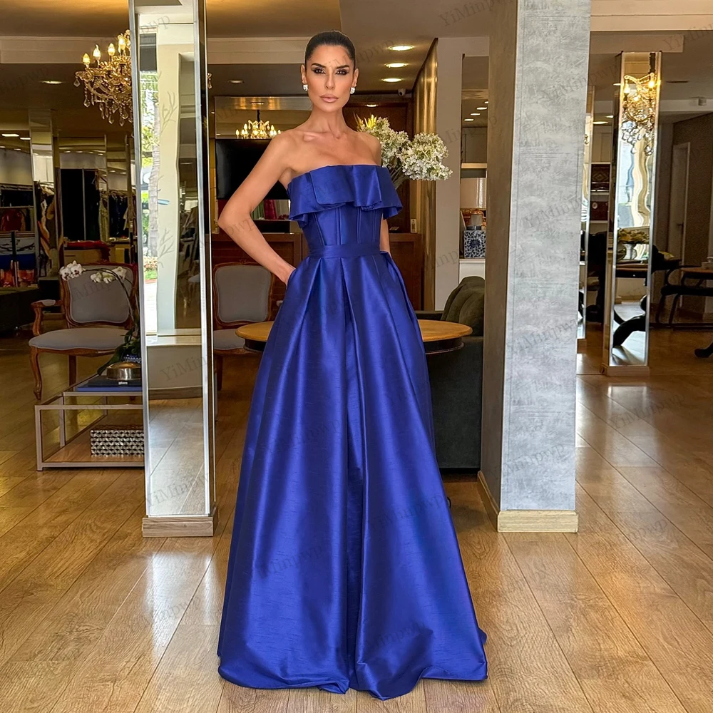 Abiti da sera eleganti a trapezio blu navy con piega tascabile senza spalline abito da ballo in raso lunghezza pavimento abiti da festa personalizzati