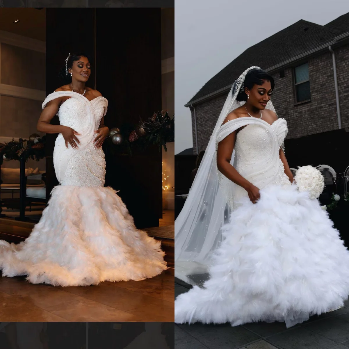 

Custom Luxury Beaded Feather Mermaid Wedding Dress Elegant Bridal Gown with Chapel Train Beaded Veil Plus Size Vestido De Novia