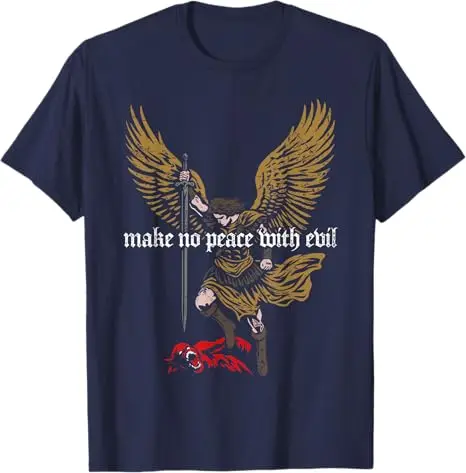 تي شيرت Make No Peace With Evil Archangel Michael Design تي شيرت Y2k Faith in Action، Angel Vs Demon Art Graphic Outfit Novelty Tee Gift #5