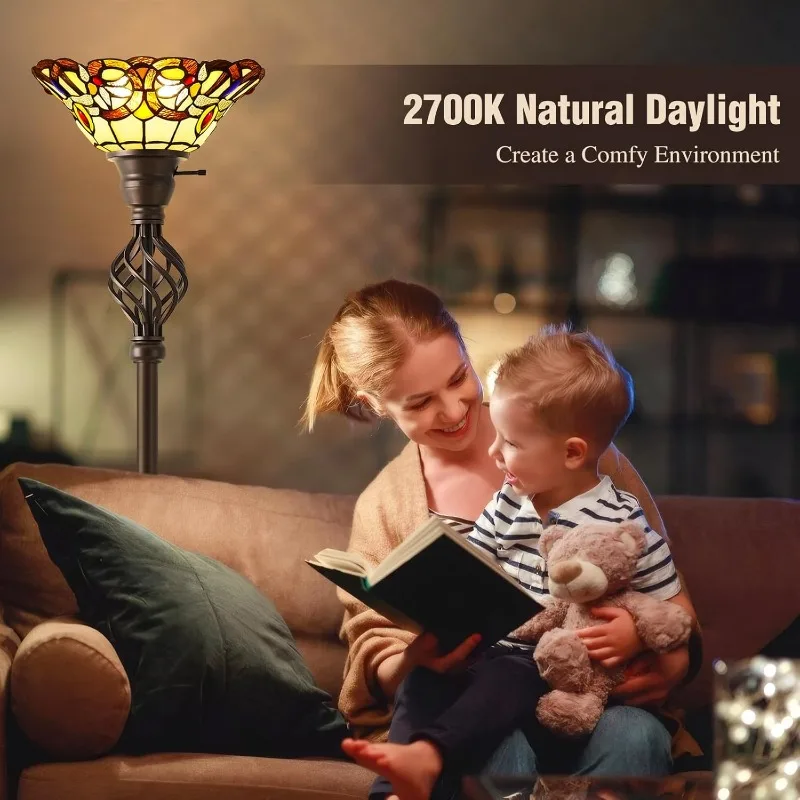 자이로뷰 티파니 플로어 램프, 스테인드 글라스가 있는 토치리에 플로어 램프, 거실용 71인치 높이 플로어 스탠딩 독서등 C
