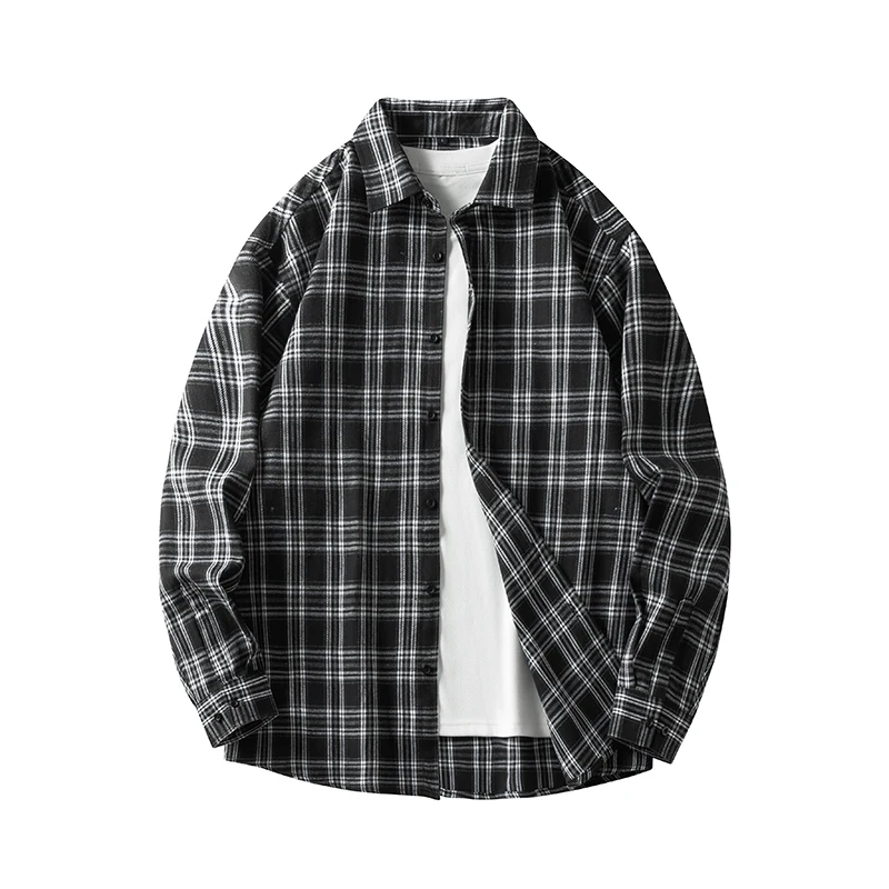 Men Shirt Plaid Flannel Retro Long Sleeve Oversized Loose Cotton Casual Male Youth Design Soft Fall Black Formal Dress Shirt
