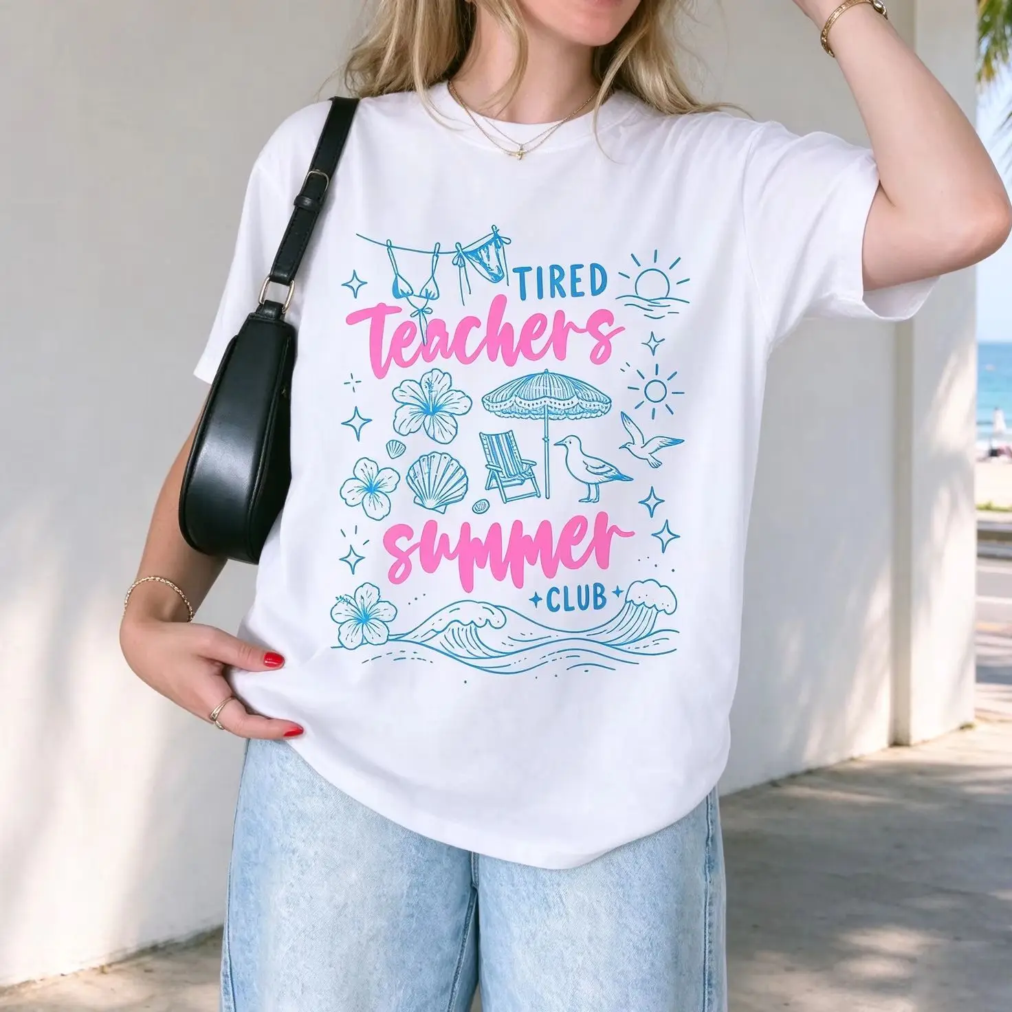 Tired Teachers Summer Club Beach Vacation Line Graphic Women T Shirt Teacher Summer Casual Short Sleeve Tops