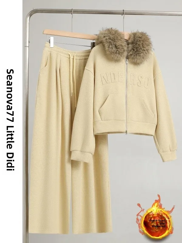 

Outlets Leisure Sports Set Fleece Lined Hoodie Wide Leg Pants Two Piece Set High Waist Long Pants Zipper Closure Color