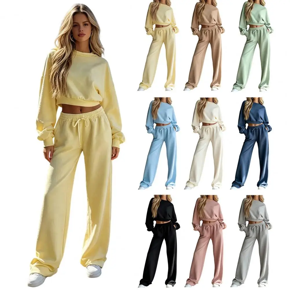 Women's 2 Piece Lounge Set Soft Knit Long Sleeve Top With Wide Leg Pants Casual Everyday Wear