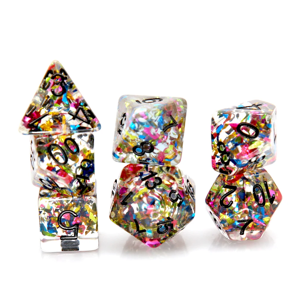 Transparent Resin Dice with Rainbow Confetti, Black Ink Polyhedral Dice for DND RPG Dice Set