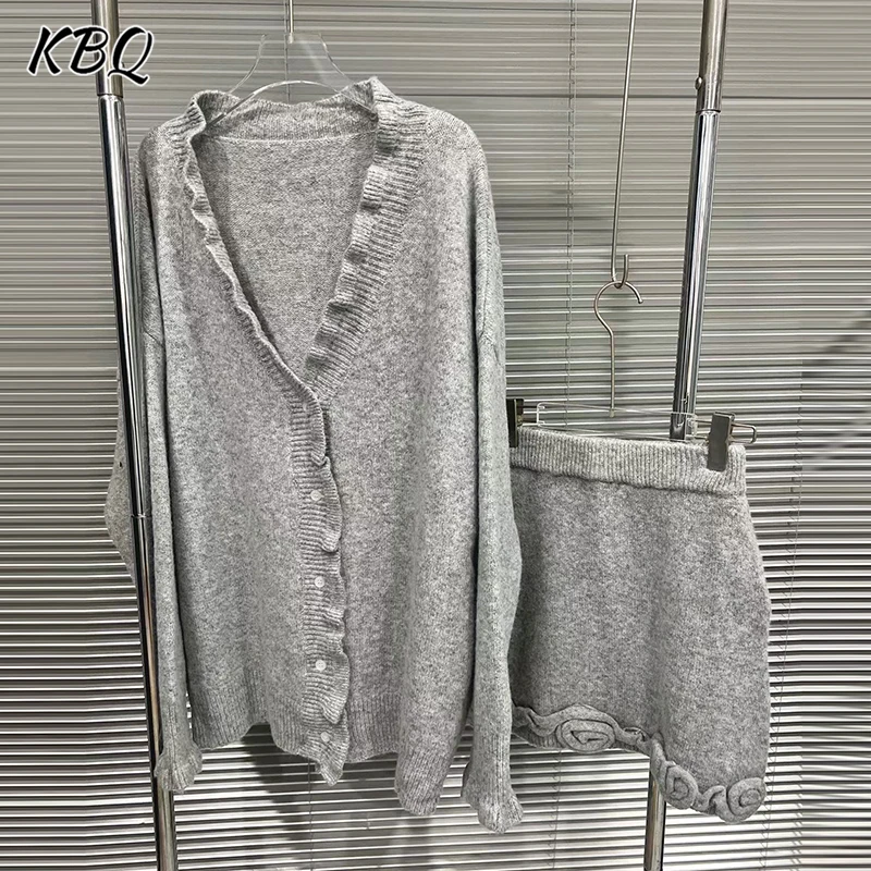 

KBQ однотонные комплекты из двух предметов для женщин, свитер с v-образным вырезом и длинными рукавами на пуговицах, короткие юбки с высокой талией, шикарный комплект, женская мода, новинка