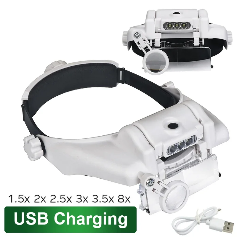 Okulary z możliwością ładowania USB lupa narzędzie do naprawy zegarmistrza okulary lupa opaska LED szkło powiększające 1,5x2x2,5x3x3,5x8