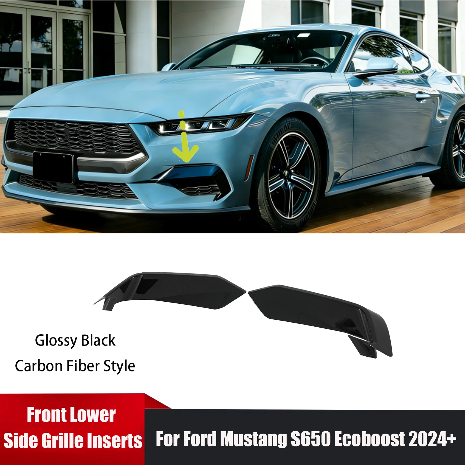 

Для Ford Mustang S650 Ecoboost 2024+ глянцевые черные вставки в нижнюю боковую решетку радиатора, накладки на противотуманные фары, внешние аксессуары
