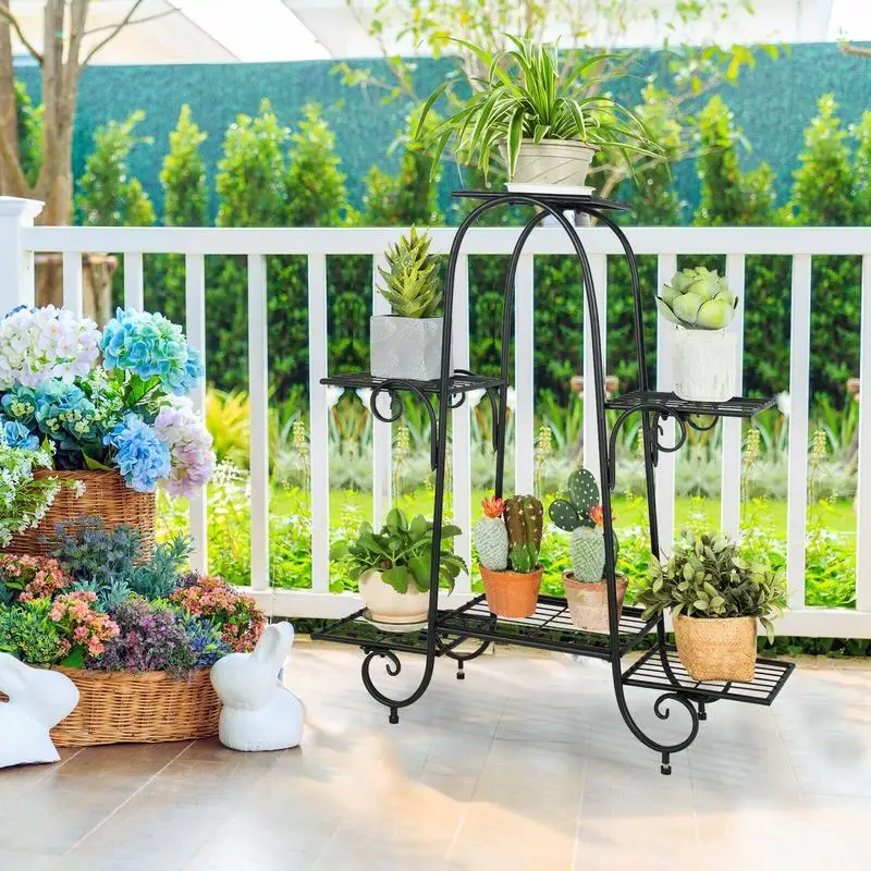 6 Tier Metal Plant Stand, Sturdy Iron Flower Pot Rack with Adjustable Feet, Multi Level Indoor Outdoor Garden Shelf for Home Patio Balcony, Black