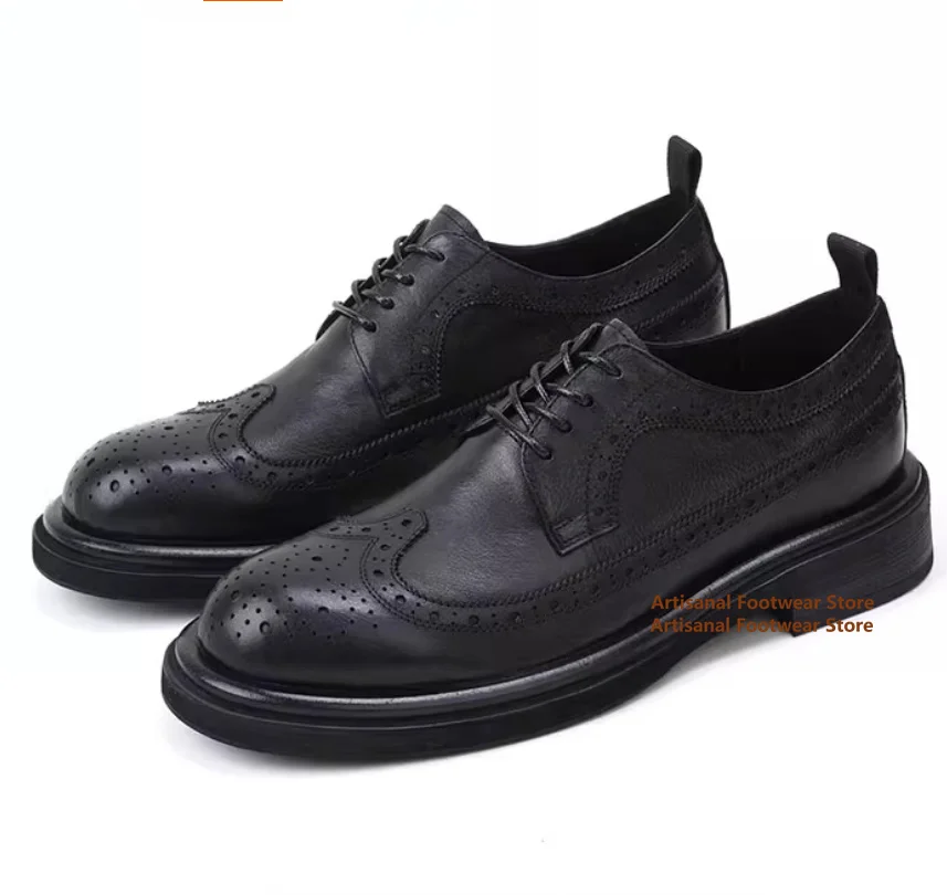Carved Brogue Shoes British Round Toe Casual Leather Shoes Thick Soled Height Increasing Commuting Shoe Men Trendy Wedding Shoes