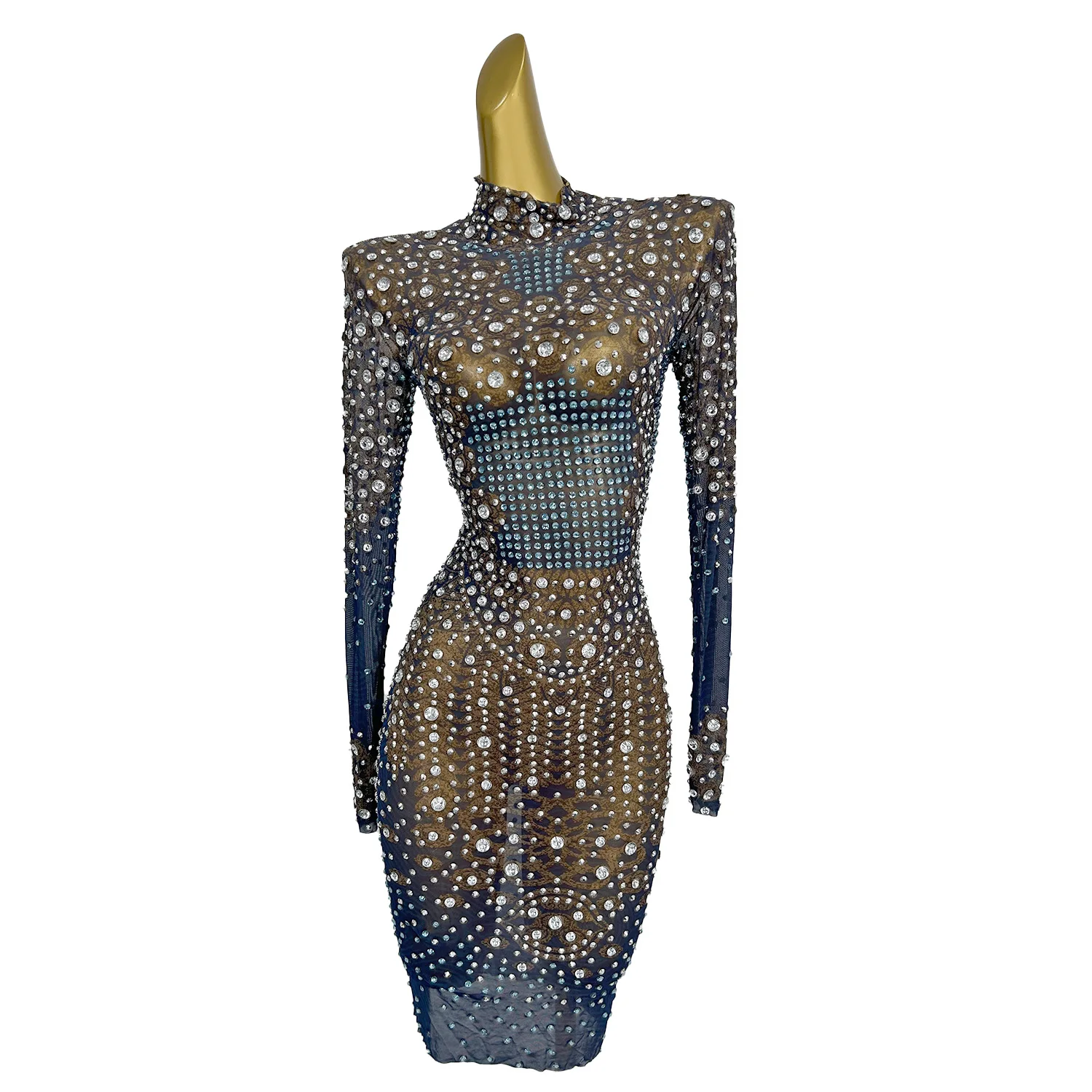 

Autumn Sexy Mesh Dress Gorgeous Retro White Rhinestone Short Skirt Singer Host Festival Ceremony Dress Large Size Women Clothes