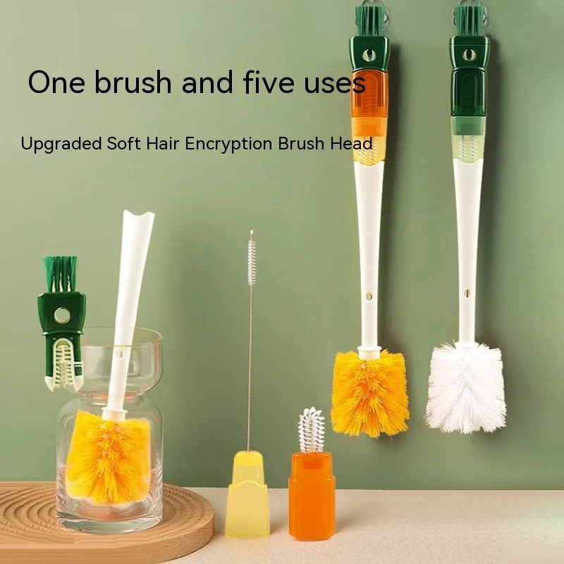 Five in one cup brush, nursing bottle brush, water cup cleaning brush, multifunctional long handled straw cup cover cleaning and