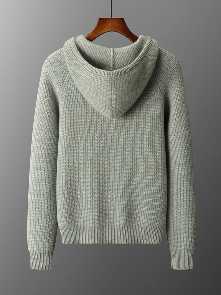 Men Hooded Pullover Sweater 100% Cashmere Knitwear Waffle Jacquard Autumn Winter Thicken Casual Soft Raglan Sleeve Clothing Tops