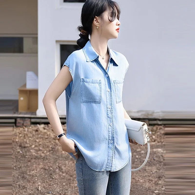 Women Casual Denim Shirt New Arrival 2024 Summer Korean Style Double Pockets Basics Female Sleeveless Tops Shirts B3271