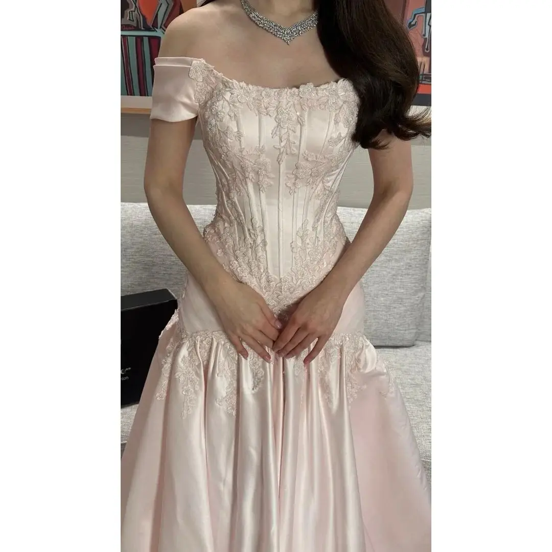 Customized Ailbxn Blush Satin Ball Evening Gown Featuring Off-The-Shoulder Mini Short Sleeves Fully Hand-Beaded Lace Gowns